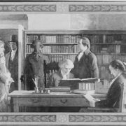 Benjamin Franklin opening first subscription library in Philadelphia. Photograph of a painting by Charles E. Mills, between 1900 and 1912. cFranklin Foundation. Detroit Publishing Company. Prints & Photographs Division