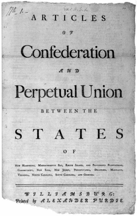 Articles of Confederation and Perpetual Union Between the States… Williamsburg [Va.]: Printed by Alexander Purdie, 1777. Printed Ephemera: Three Centuries of Broadsides and Other Printed Ephemera. Rare Book and Special Collections Division.