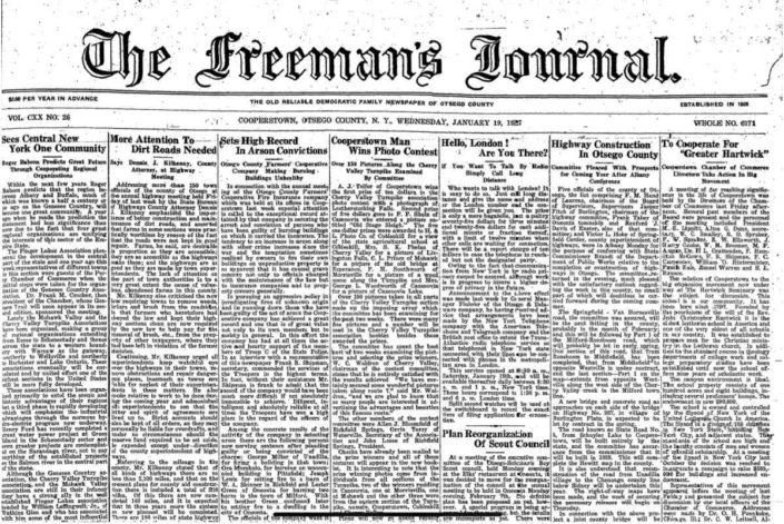 Freemans Journal January 19, 1927, Cooperstown, NY
