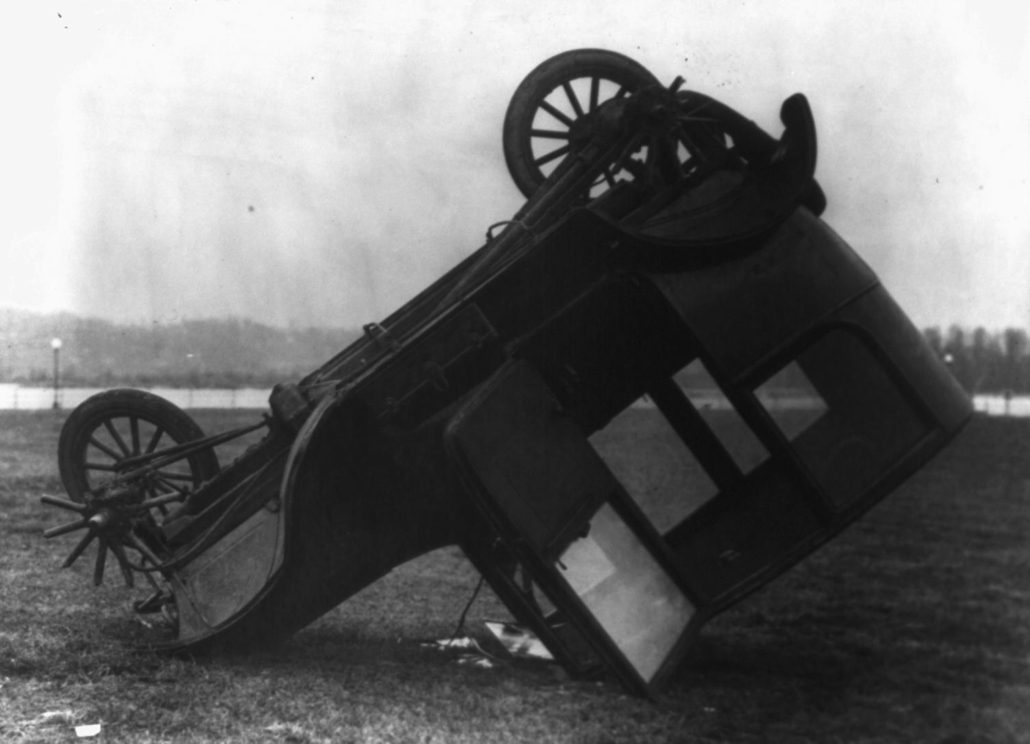 March 6 Car turns turtle injuring three, 1922