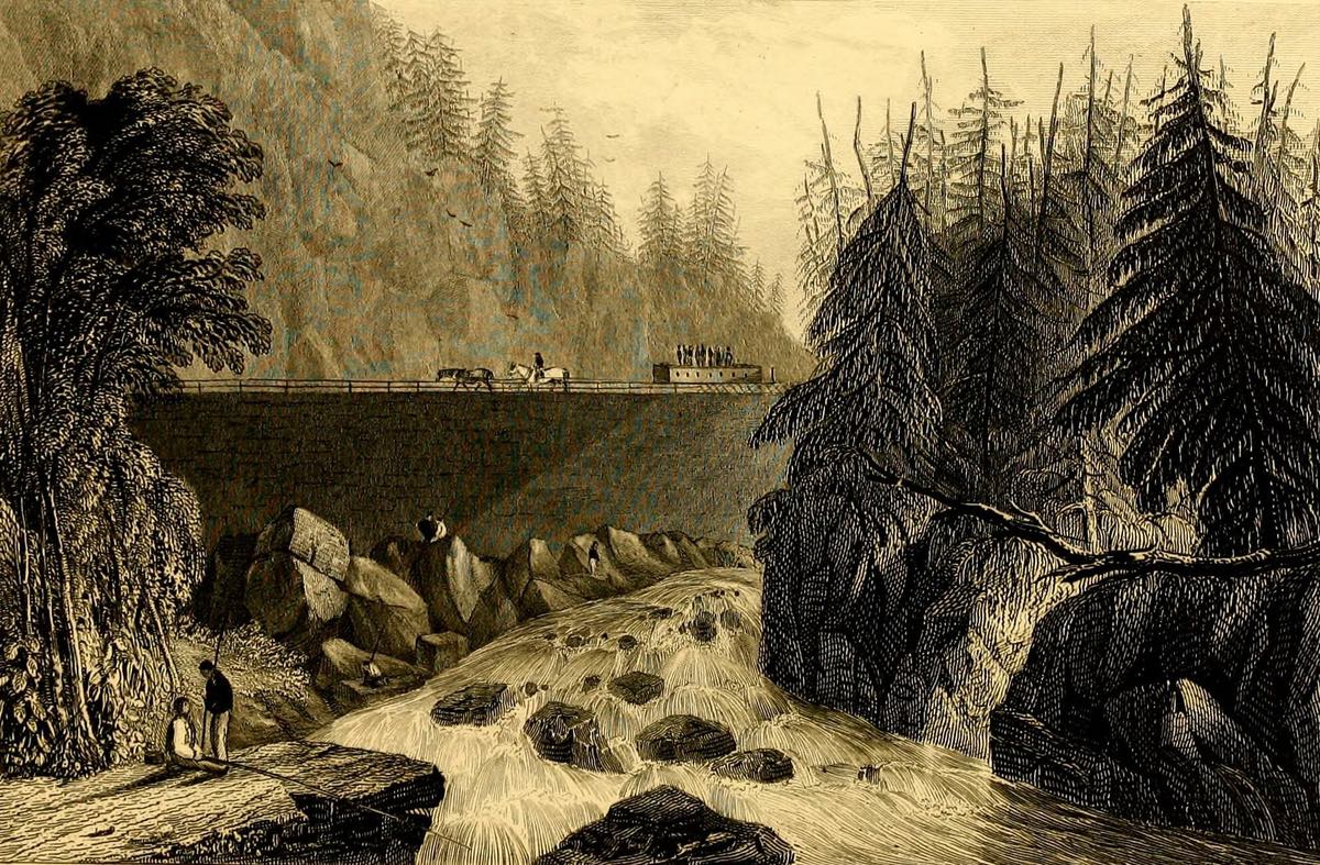 1850 depiction of the canal above Little Falls, a popular scenic stop. Hinton, John Howard, 1791-1873. Wikimedia Commons