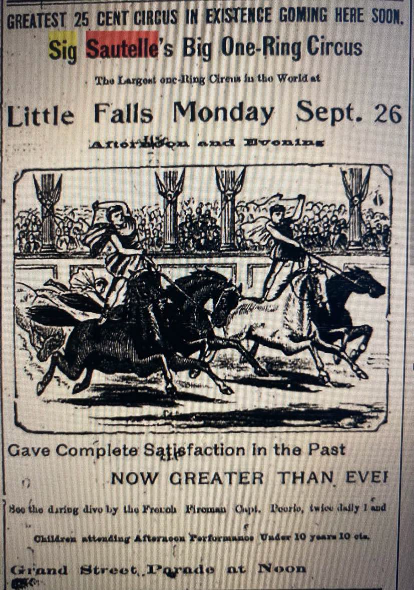 The traveling SIG SAUTELLE CIRCUS poster ad, which was advertised in the Little Falls Journal and Courier Newspaper on the 14th of September in 1898 
