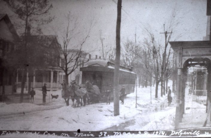 Circa 1914 | Street Car being pulled by horses on Main Street, Dolgeville, New York. Photo courtesy of the Little Falls Historical Society Museum.