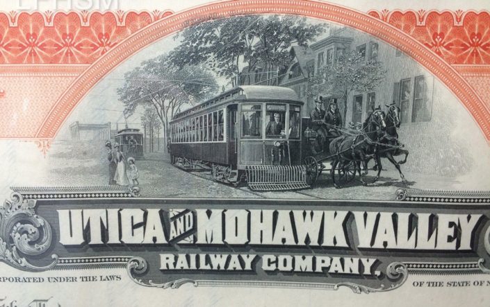 Utica & Mohawk Valley Railway Company Stock Certificate. Photo courtesy of the Little Falls Historical Society Museum.