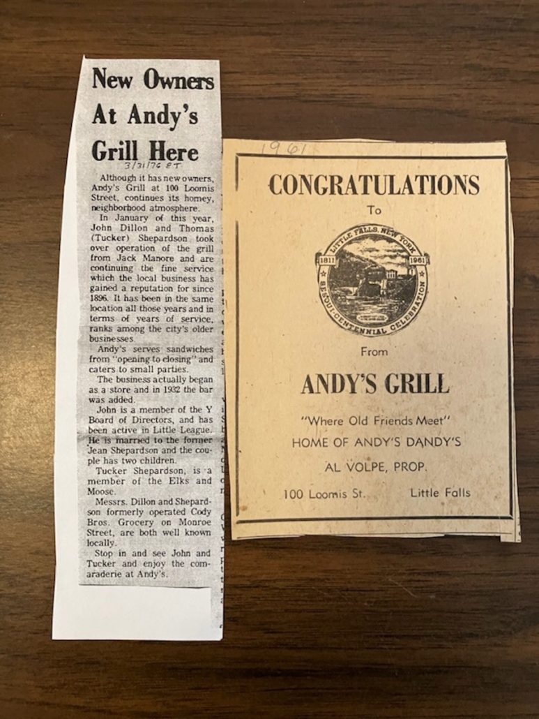 Andy’s Grill ad and Evening Times article