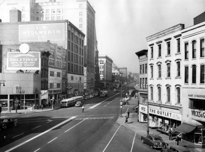 Utica’s “Busy Corner” at Genesee and Bleeker Streets in the late 1940s. Photo courtesy of the Oneida County History Center.