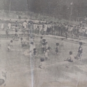 OPENING AFTERNOON CROWD taxed tacilities at the new Little Falls Francis S. Skinner Municipal Pool. In foreground is fenced off area for small children, with shallow water. Swimming area for older persons is considerably larger and diving area is at right.