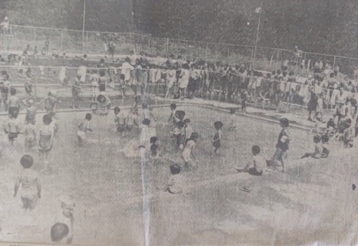 OPENING AFTERNOON CROWD taxed tacilities at the new Little Falls Francis S. Skinner Municipal Pool. In foreground is fenced off area for small children, with shallow water. Swimming area for older persons is considerably larger and diving area is at right. OPENING AFTERNOON CROWD taxed tacilities at the new Little Falls Francis S. Skinner Municipal Pool. In foreground is fenced off area for small children, with shallow water. Swimming area for older persons is considerably larger and diving area is at right.